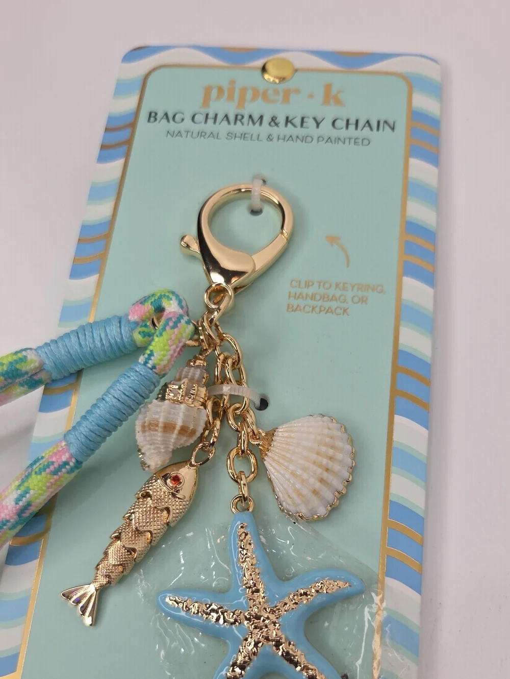 💙▪️Piper K ▪️ Seashell Starfish Bag Charm Key Chain - Blue & Gold
